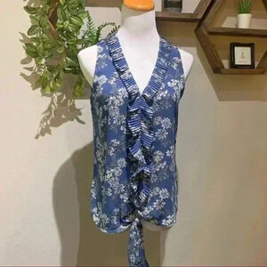 Chelsea28 blue floral ruffled tie in front blouse